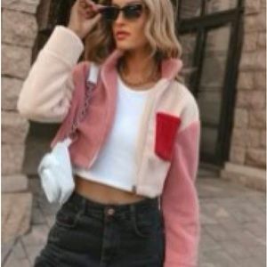 SHEIN funnel neck contrast panel teddy jacket